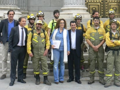 Un grupo de brigadistas se reúne con diputados del PSOE, en una imagen de archivo.