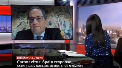 El preisdente del Govern, Quim Torra, en una entrevista de la BBC.