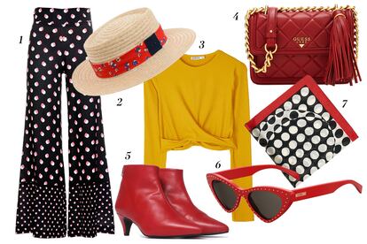 1. Pantalón de Fracomina (c.p.v.); 2. Sombrero de Claudie Pierlot (145 euros); 3. top de Stradivarius (12,99 euros); 4. Bolsos de Guess (200 euros); 5. Botines de L'intervalle (118 euros); 6. Gafas de Moschino (c.p.v.); 7. Pañuelo de Mango (9,99 euros).