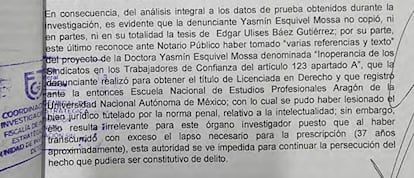 Párrafo en el que la Fiscalía de Ciudad de México afirma que Esquivel "no copió" su tesis.