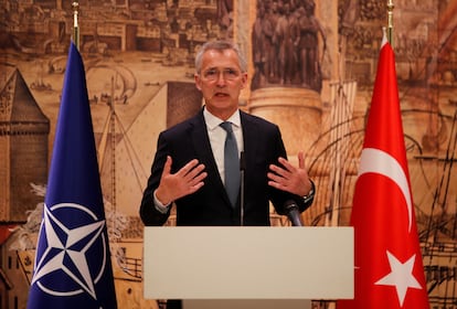 NATO Secretary-General Jens Stoltenberg speaks during a press conference following his meeting with Turkish President Tayyip Erdogan in Istanbul, Turkey June 4, 2023.