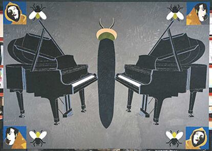 <i>Piano, místico y cuatro moscas </i><b>(2000),</b> óleo sobre lienzo de Eduardo Arroyo expuesto en el Museo de Arte Contemporáneo de Unión Fenosa de A Coruña.