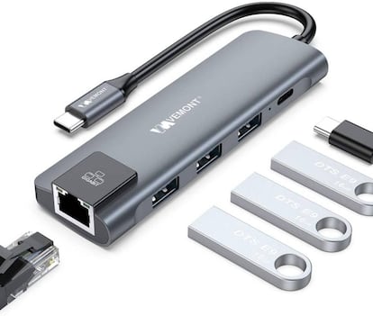 Accesorio USB-C con puerto ethernet y de carga.