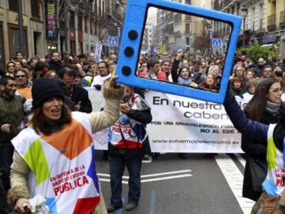 Protesta en Madrid el pasado enero, un a&ntilde;o despu&eacute;s del despido de 829 empleados de Telemadrid.