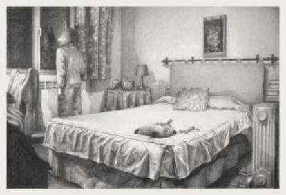 'Esperando a mamá'. "Lo interesante del dibujo es que no se sabe quién es ni a quién espera. Es el único dibujo que carece del humor absurdo que tienen el resto expuestos. Tiene un tono algo más melancólico. Hay juguetes por el suelo, alguien ha estado jugando, tal vez él, pero ahora no juega, sólo espera. Mira por la ventana esperando ver a alguien, pero el cristal sólo le devuelve su reflejo. Me interesaba ese momento en el que realmente no pasa nada, pero se puede sentir una tensión especial en el ambiente".