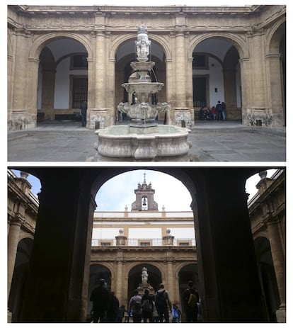 La composición del turista ha sido la evidente en este espacio interior de la Universidad de Sevilla. Sin embargo, el fotógrafo ha visto más elementos y ha querido dar la misma importancia a la espadaña de la campana y a la fuente central. Ha optado por una imagen prácticamente simétrica desde estos elementos centrales. Los arcos del patio son muy importantes, por lo que se ha desplazado al pasillo anterior para que, además de figurar en el fondo, aparezcan en primer plano. De nuevo la figura humana le da vida a la imagen.