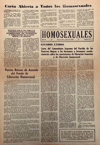 Tapa del único número del periódico Homosexuales, julio de 1973, editado por los grupos Profesionales y Nuestro Mundo del FLH.