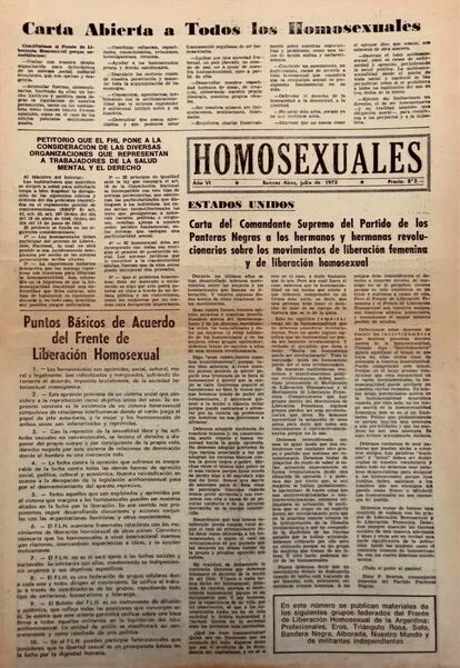 Tapa del único número del periódico Homosexuales, julio de 1973, editado por los grupos Profesionales y Nuestro Mundo del FLH.