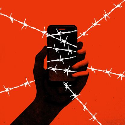 This illustration features a silhouette of a hand holding a smartphone, both entwined in barbed wire against a red background. The barbed wire cuts across the image diagonally, suggesting a sense of entrapment or restriction related to the use of technology, possibly symbolizing the constraints of digital communication or the dangers of being overly connected.