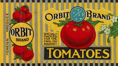Cartel publicitario de tomates nacionales para el mercado inglés.
