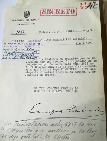 El 24 de junio de 1959, el ministro del Ejército ordena que se investigue si el Papa Juan XXIII no ve con simpatía al régimen franquista.