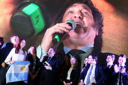 Javier Milei, durante la noche electoral de este domingo, en Buenos Aires. 