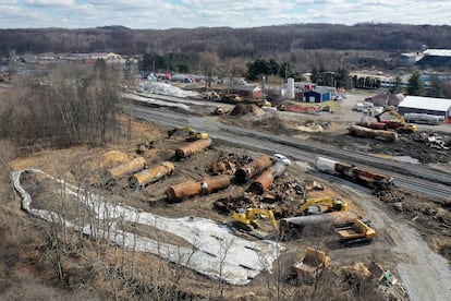 A view of the scene Friday, Feb. 24, 2023, as the cleanup continues at the site of of a Norfolk Southern freight train derailment that happened on Feb. 3 in East Palestine, Ohio.