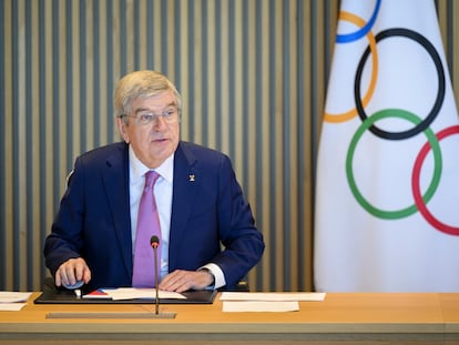 International Olympic Committee (IOC) President Thomas Bach speaks at the opening of the executive board meeting at the Olympic House, in Lausanne, Switzerland, March 19, 2024.