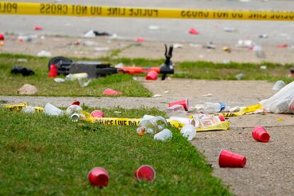 Party debris is seen in the area of a mass shooting incident in the Southern District of Baltimore, Sunday, July 2, 2023.