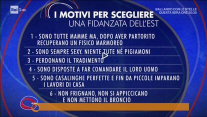 1. Son todas madres pero, tras dar a luz, recuperan un físico marmóreo. 2. Siempre están sexys. Nada de chándal o pijamón. 3. Perdonan la traición. 4. Están dispuestas a dejar que su hombre mande. 5. Son amas de casa perfectas y ya desde pequeñas aprenden las labores domésticas. 6. No lloriquean, no se acoplan y nunca se quedan cabreadas / nunca les dura el cabreo. Literalmente, mettere il broncio en italiano es como poner mala cara por enfado (Tommaso Koch, dixit).