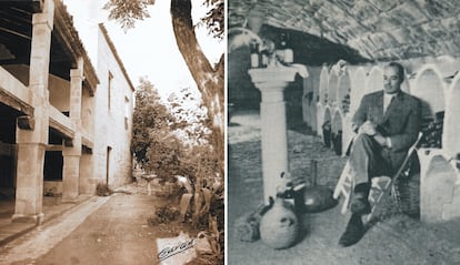 A la izquierda, vista exterior del Palacio de los Medinillas, en Úbeda, en los años setenta. A la derecha, Francis Guth selecciona un vino en la bodega. |