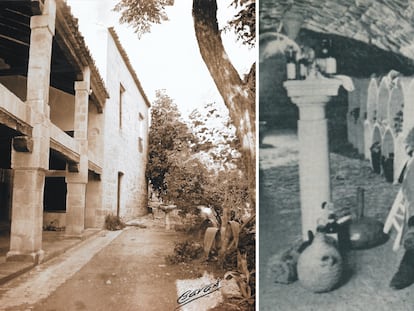 A la izquierda, vista exterior del Palacio de los Medinillas, en Úbeda, en los años setenta. A la derecha, Francis Guth selecciona un vino en la bodega. |