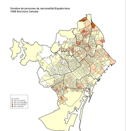 Els col.lectius més nombrosos. Nombre de persones de nacionalitat equatoriana, per seccions censals. 