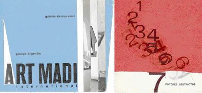 Composición de 1958 de Gyula Kosice para 'Grupo argentino Internacional Art Madi' y, a la derecha, portada de '7 pintores abstractos' (1957).