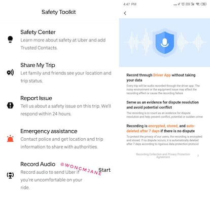 Opción Record-audio en la aplicación de Uber.