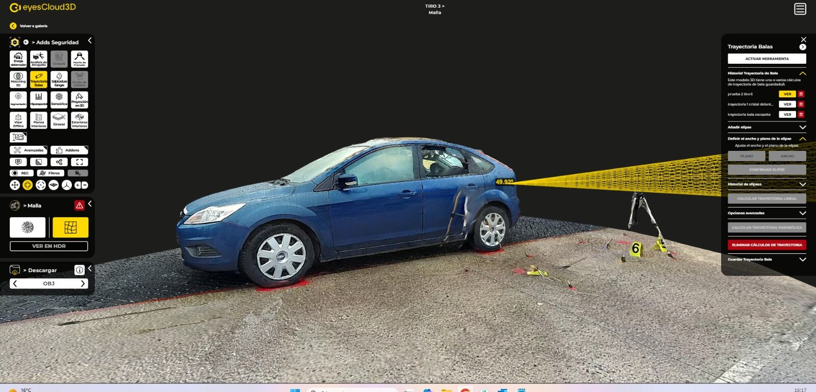 Captura con mediciones sobre la trayectoria de una bala al impactar con un vehículo de la plataforma de eyesCloud3d.