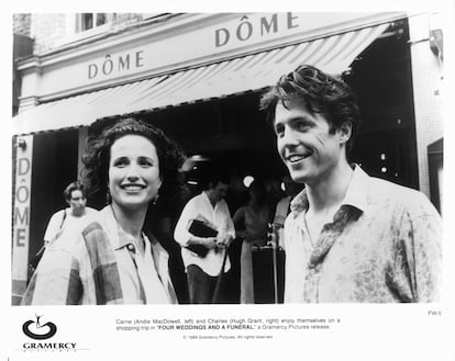 Andie MacDowell and Hugh Grant on the set of 'Four Weddings and a Funeral.'