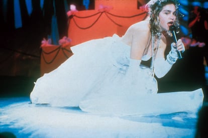 Madonna during her performance at the first edition of the MTV Video Music Awards in 1984.