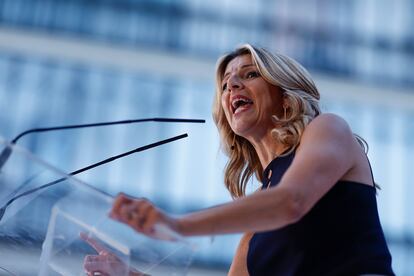 La vicepresidenta segunda y ministra de Trabajo, Yolanda Díaz, en el inicio de campaña de Sumar para las elecciones europeas, en Madrid-