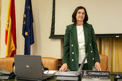 La candidata del Gobierno para presidir la CNMC, Cani Fernández, a su llegada a la Comisión de Asuntos Económicos del Congreso, este jueves.