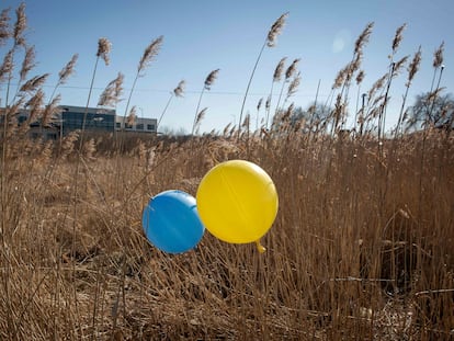 Globos con la bandera ucrania en la frontera entre Polonia y Ucrania.