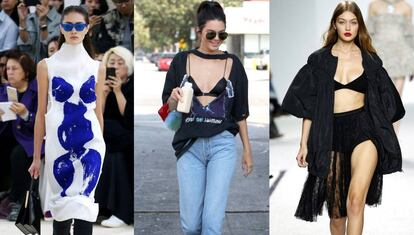 De izquierda a derecha: vestido de C&eacute;line presentado en la pasada Semana de la Moda de Par&iacute;s, Kendall Jenner paseando por Los &Aacute;ngeles, y modelo de Giambattista Valli.