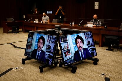 Justin Trudeau, durante la aparición por videoconferencia ante el comité parlamentario, este jueves.