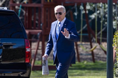 US President Joe Biden departs the White House for campaign fundraisers in New York City in Washington, DC, USA, 07 February 2024.