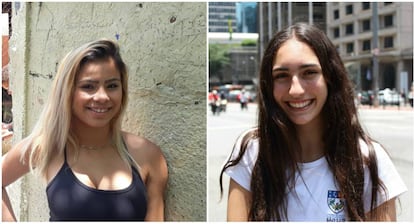 Kimberly Cristina Barbosa (izquierda) y Mariana Grimaldi posan en la favela de Paraisópolis y el barrio de Perdizes, respectivamente, en São Paulo.