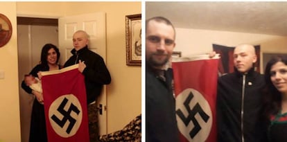 Adam Thomas y Claudia Patatas, con la bandera nazi y un traje del Ku Klux Klan, con su hijo y Darren Flecher, un compañero neonazi.