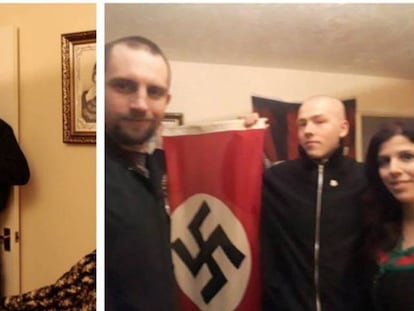 Adam Thomas y Claudia Patatas, con la bandera nazi y un traje del Ku Klux Klan, con su hijo y Darren Flecher, un compañero neonazi.