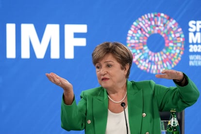 La directora gerente del FMI, Kristalina Georgieva, durante una rueda de prensa en la sede del FMI en Washington. 