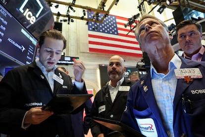 'Brokers' de la Bolsa de Nueva York, este jueves.