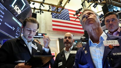 'Brokers' de la Bolsa de Nueva York, este jueves.