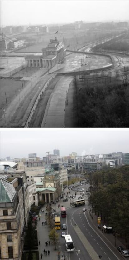 Los alrededores de la Puerta de Brandeburgo, fotografiados en 1961 y hoy d&iacute;a