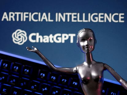 ChatGPT logo and AI Artificial Intelligence words are seen in this illustration taken, May 4, 2023.