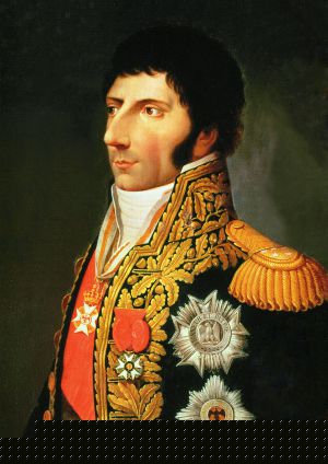 Retrato del militar del Impero francés Jean Baptiste Bernadotte (Carlos XIV Juan de Suecia) pintado por Jacob de Lose. A través de la figura de su matrona, el novelista vincula a Napoleón con el actual rey de Suecia