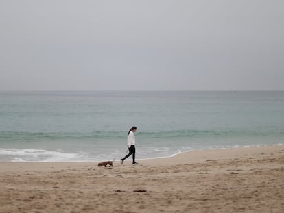 Una mujer y su perro pasean por la playa del Orzán, en A Coruña, el pasado 5 de octubre.