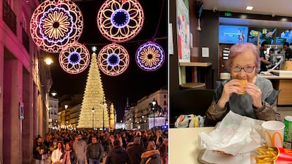 La puerta del Sol de Madrid, el sábado, y Elena, la madre, durante una cena de Nochebuena con su hija en el McDonald’s.