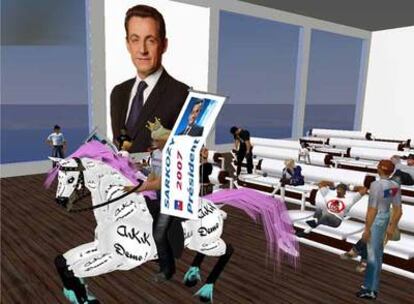 Un pantallazo del sitio oficial del candidato a la presidencia francesa Nicolas Sarkozy en la comunidad virtual Second Life muestra una posible manifestación por las presidenciales francesas.