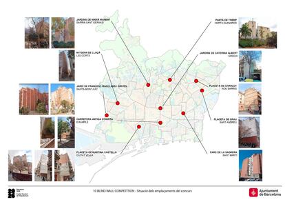 La ubicación de las 10 paredes medianeras elegidas en Barcelona para proyectos de remodelación que las embellecerán antes de la capitalidad mundial de la arquitectura de 2026.