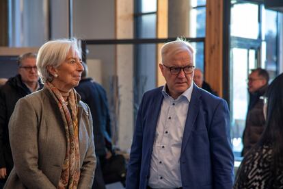 President of the ECB Christine Lagarde and Governor of the Bank of Finland Olli Rehn arrive at the non-monetary policy meeting of the European Central Bank Governing Council in Inari, Finnish Lapland, Wednesday, Feb. 22, 2023. (Tarmo Lehtosalo/Lehtikuva via AP)