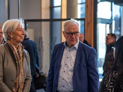 President of the ECB Christine Lagarde and Governor of the Bank of Finland Olli Rehn arrive at the non-monetary policy meeting of the European Central Bank Governing Council in Inari, Finnish Lapland, Wednesday, Feb. 22, 2023. (Tarmo Lehtosalo/Lehtikuva via AP)