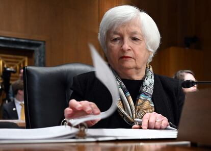 US Treasury Secretary Janet Yellen prepares to testify before the Senate Finance Committee on the proposed budget request for 2024, on Capitol Hill in Washington, DC, March 16, 2023. (Photo by Andrew Caballero-Reynolds / AFP)